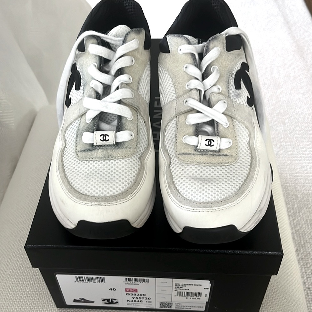 CHANEL Women's White and Black Mesh Sneakers